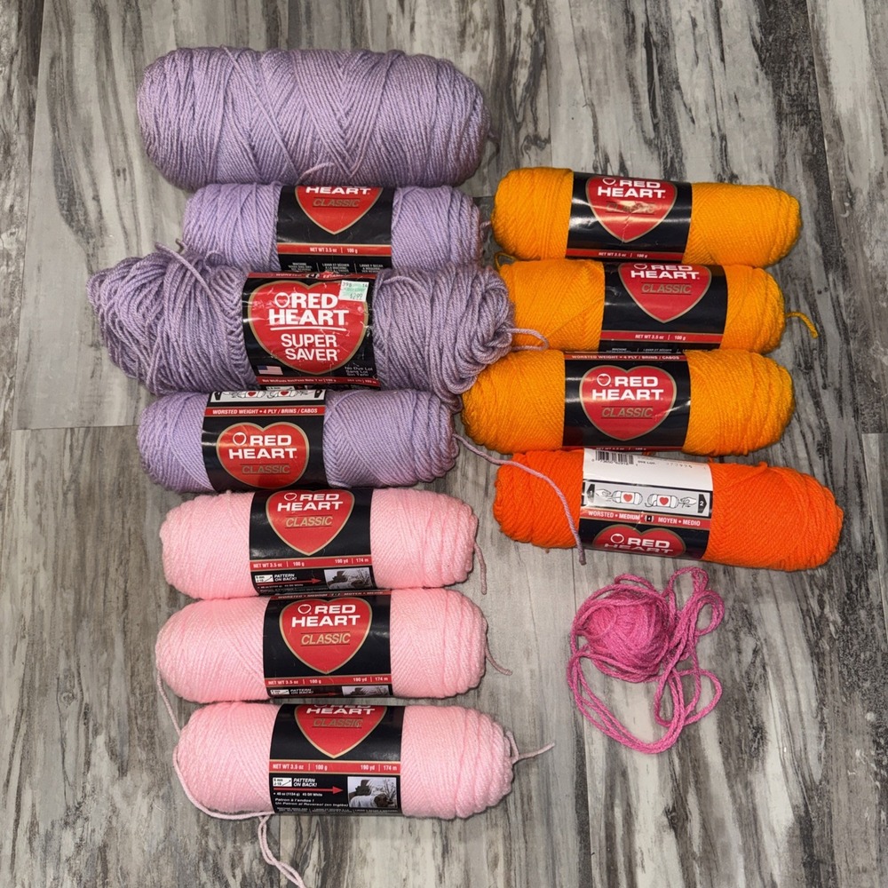 Lot Of 11 Skeins Vintage Red Heart Acrylic Worsted Classic Yarn Mixed Colors